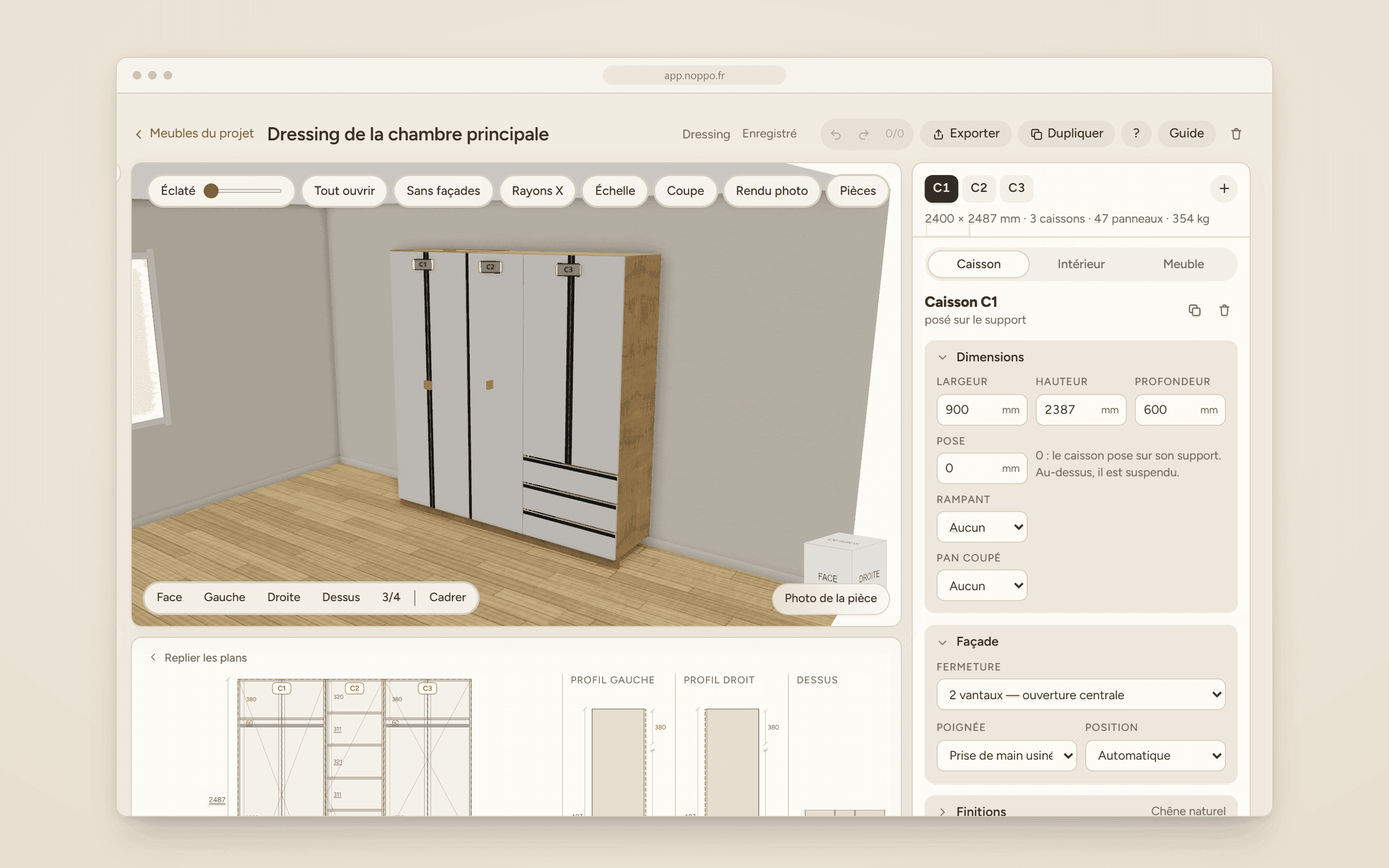Le configurateur : le meuble en 3D, ses vues cotées et son inspecteur.